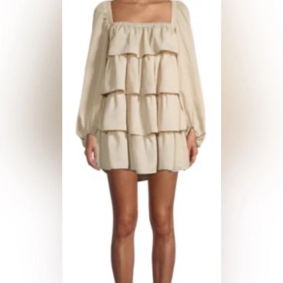 WeWoreWhat Ivory Long Sleeve Tiered Mini Dress in Crinkled Chiffon, NWT, XL - Picture 5 of 16